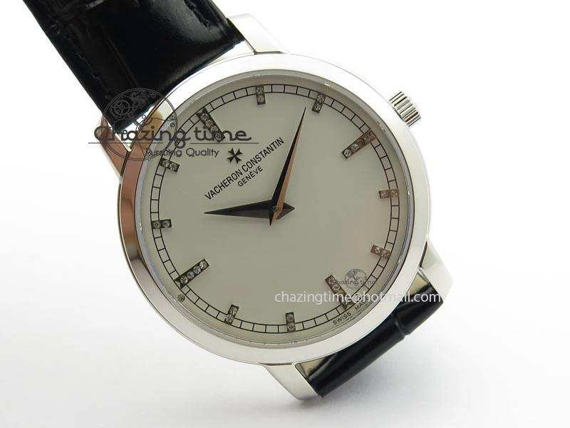 VC SS UT Best Edition White Dial Diamond Markers On Black Leather Strap
