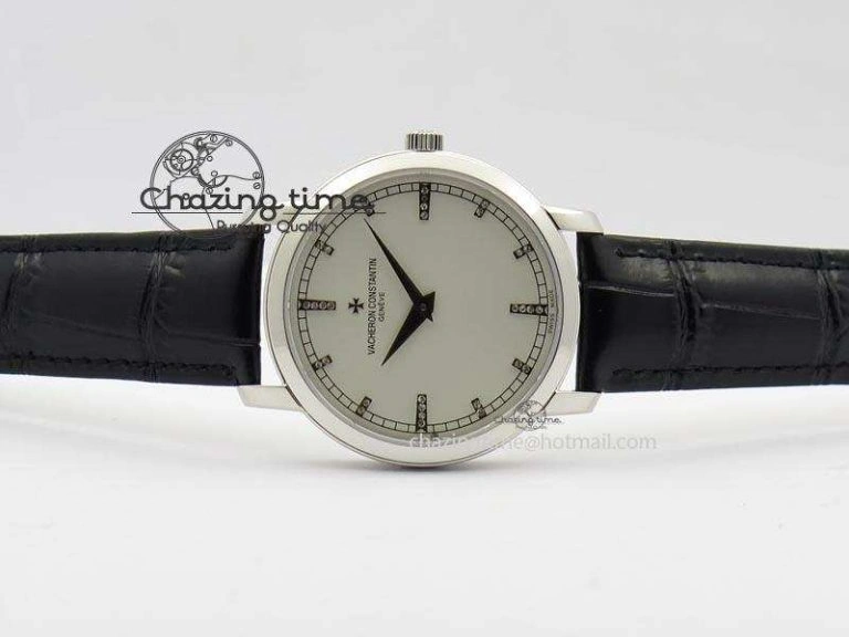 VC SS UT Best Edition White Dial Diamond Markers On Black Leather Strap