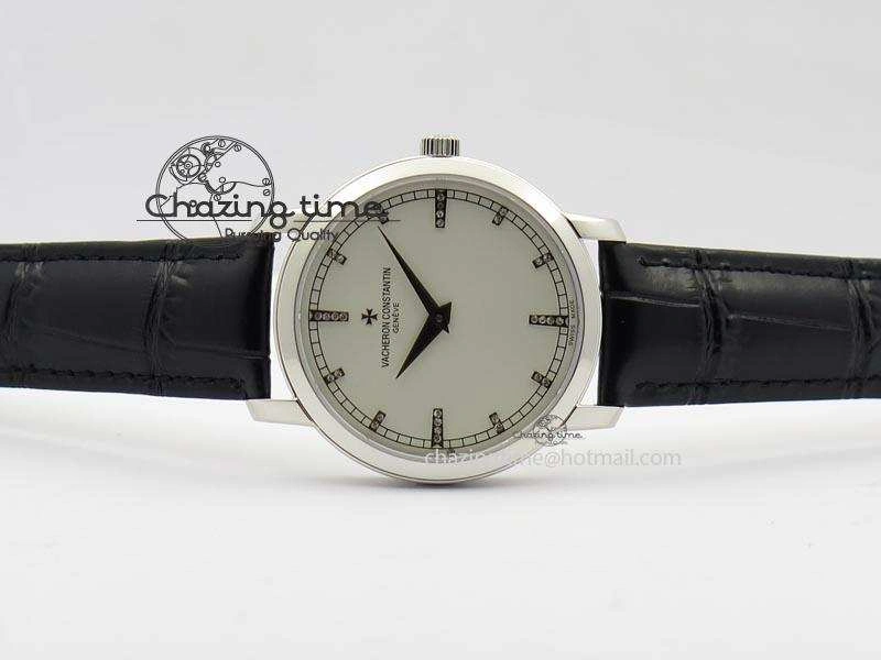 VC SS UT Best Edition White Dial Diamond Markers On Black Leather Strap