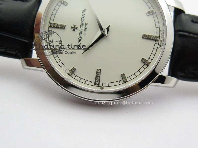 VC SS UT Best Edition White Dial Diamond Markers On Black Leather Strap