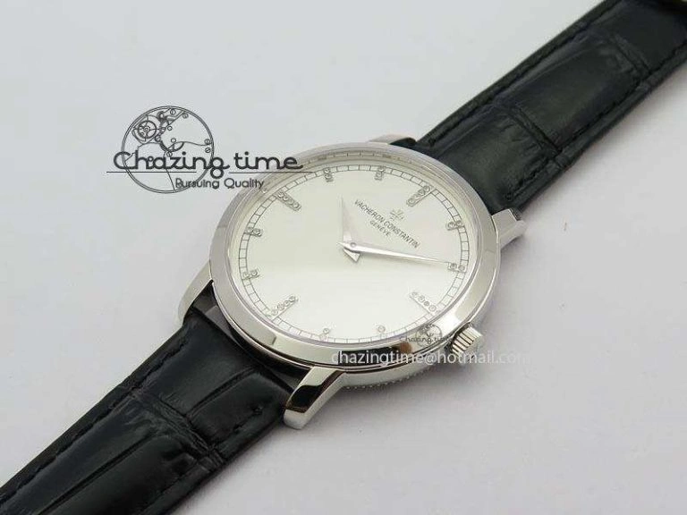 VC SS UT Best Edition White Dial Diamond Markers On Black Leather Strap