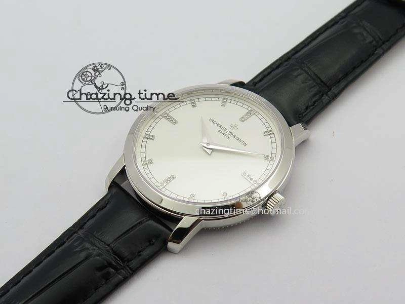 VC SS UT Best Edition White Dial Diamond Markers On Black Leather Strap