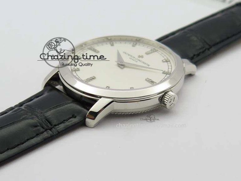 VC SS UT Best Edition White Dial Diamond Markers On Black Leather Strap