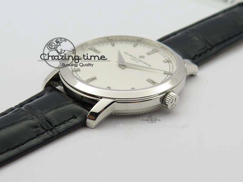 VC SS UT Best Edition White Dial Diamond Markers On Black Leather Strap
