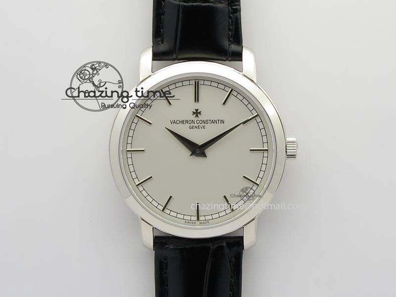 VC SS UT Best Edition White Dial Sticks Markers On Black Leather Strap