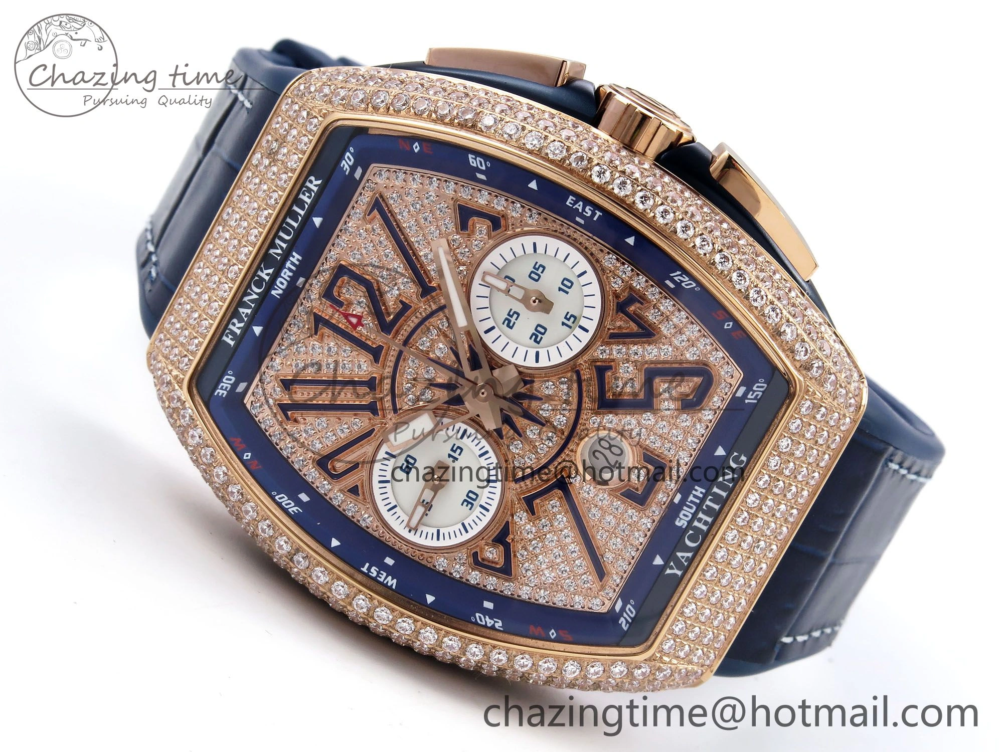 Vanguard Chrono RG ABF 1:1 Best Edition Blue Dial Full Diamonds on Blue Leather Strap A7750