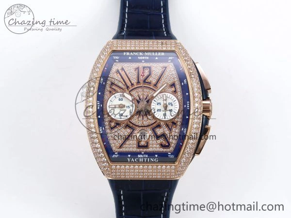 Vanguard Chrono RG ABF 1:1 Best Edition Blue Dial Full Diamonds on Blue Leather Strap A7750