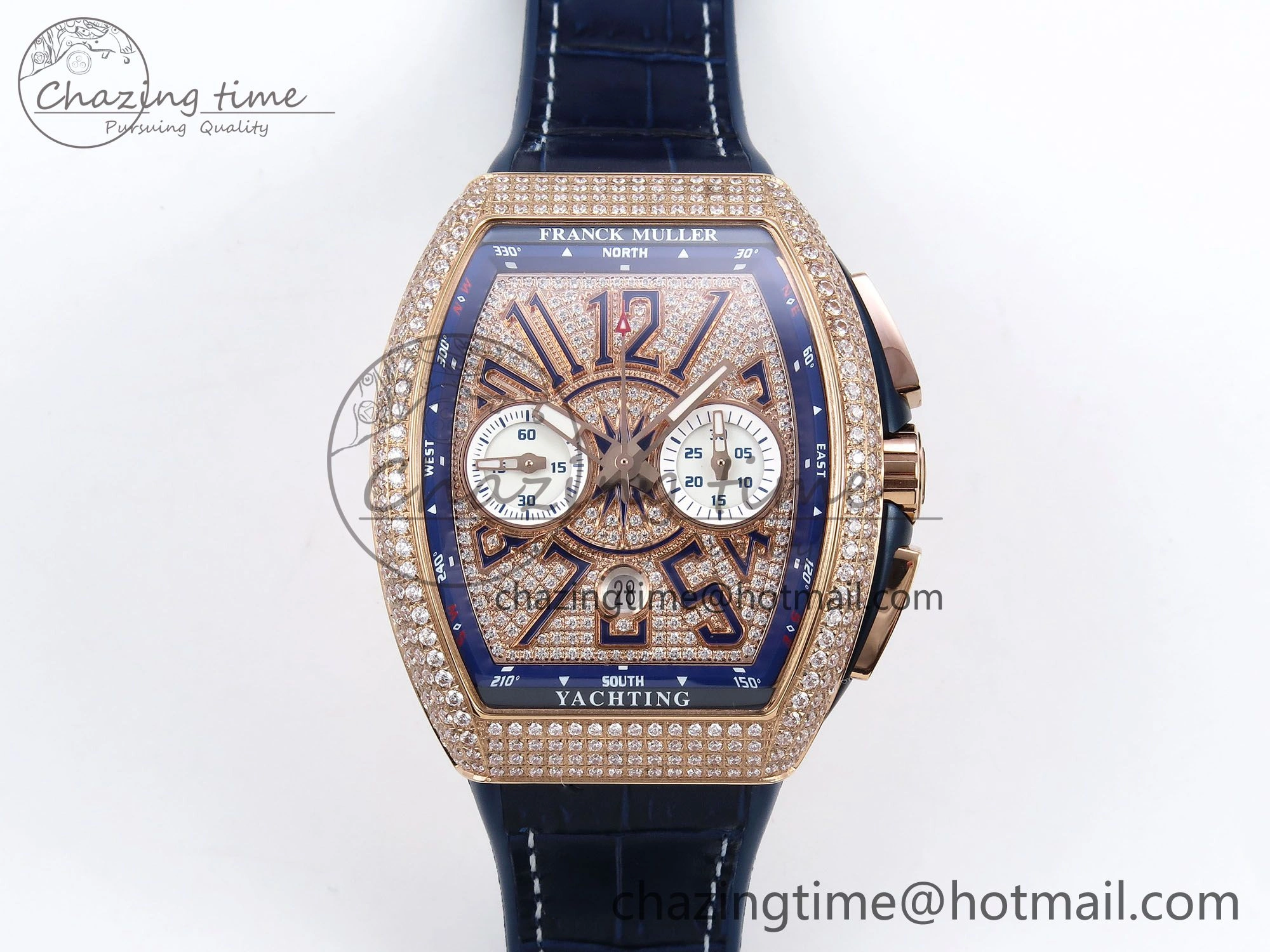 Vanguard Chrono RG ABF 1:1 Best Edition Blue Dial Full Diamonds on Blue Leather Strap A7750