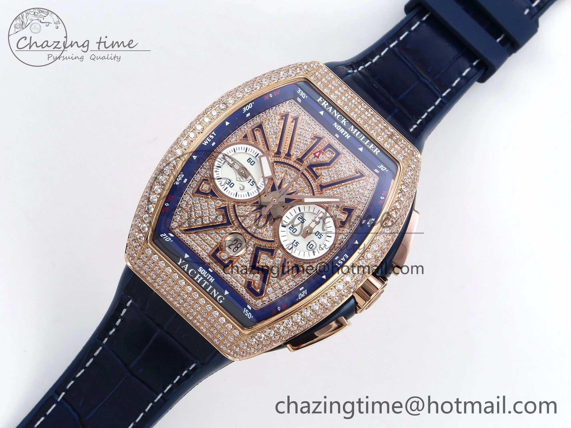 Vanguard Chrono RG ABF 1:1 Best Edition Blue Dial Full Diamonds on Blue Leather Strap A7750
