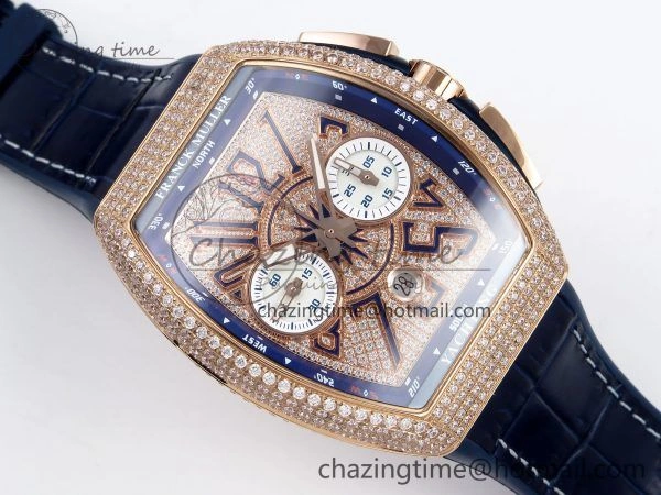 Vanguard Chrono RG ABF 1:1 Best Edition Blue Dial Full Diamonds on Blue Leather Strap A7750