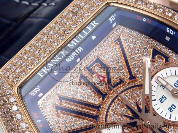Vanguard Chrono RG ABF 1:1 Best Edition Blue Dial Full Diamonds on Blue Leather Strap A7750