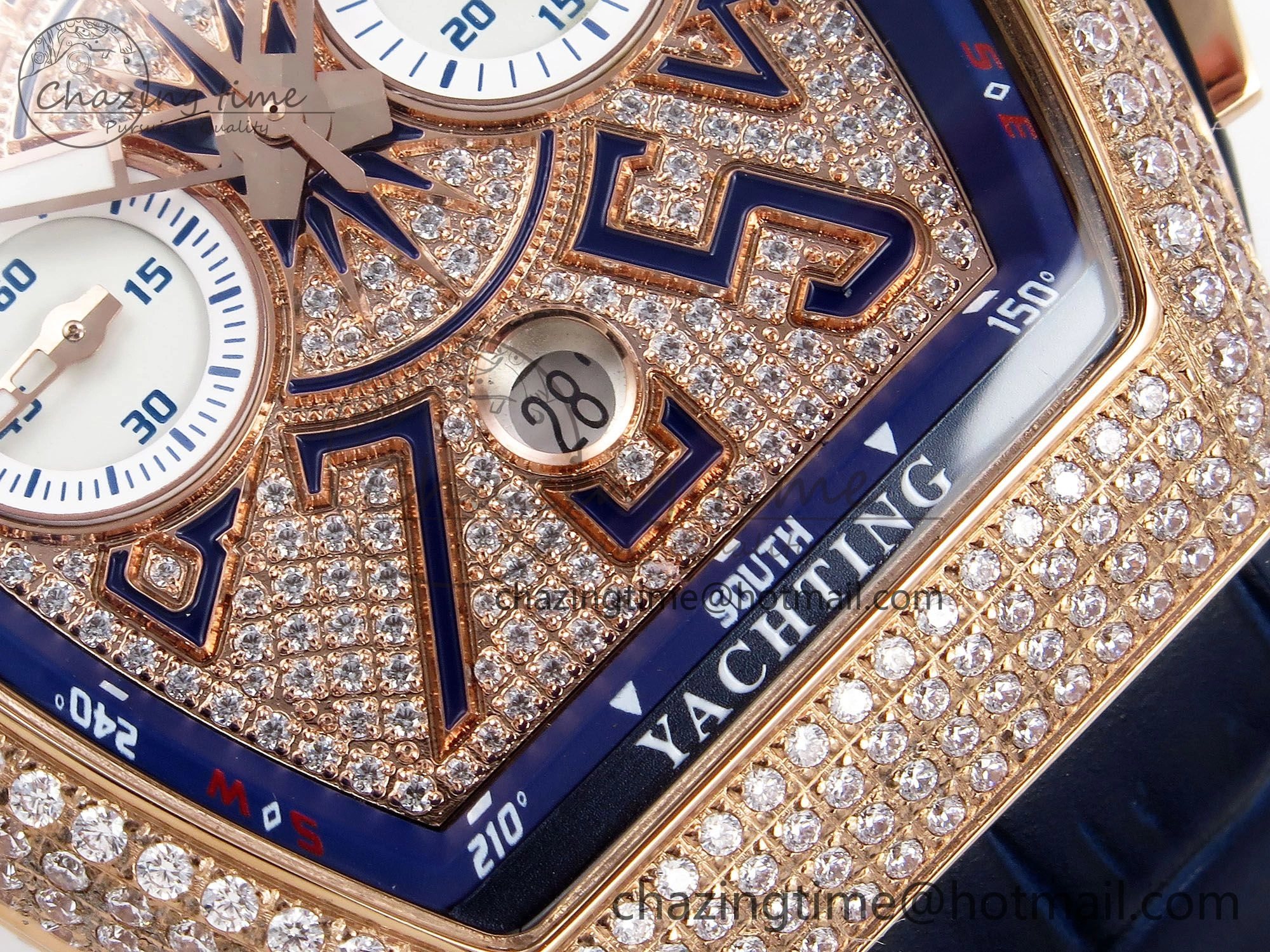 Vanguard Chrono RG ABF 1:1 Best Edition Blue Dial Full Diamonds on Blue Leather Strap A7750