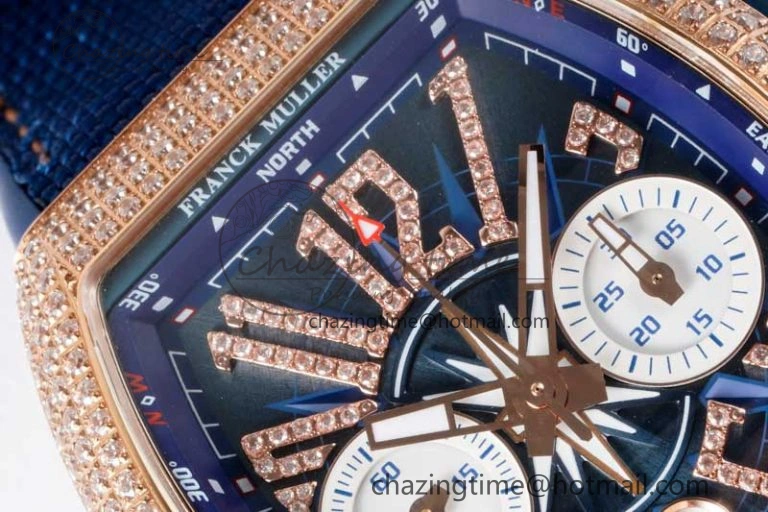 Vanguard Chrono RG ABF 1:1 Best Edition Diamonds Bezel Blue Textured Dial on Blue Nylon Strap A7750