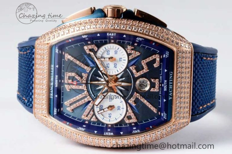 Vanguard Chrono RG ABF 1:1 Best Edition Diamonds Bezel Blue Textured Dial on Blue Nylon Strap A7750