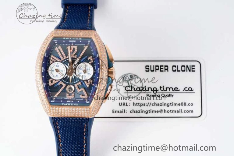 Vanguard Chrono RG ABF 1:1 Best Edition Diamonds Bezel Blue Textured Dial on Blue Nylon Strap A7750