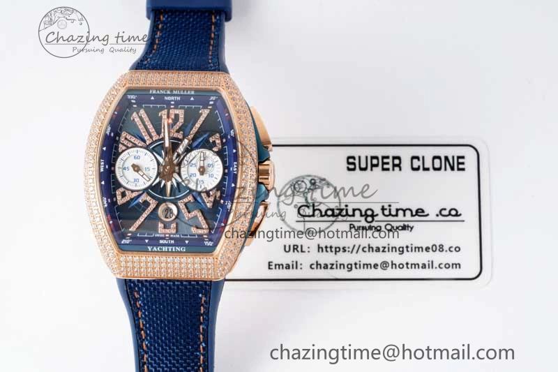 Vanguard Chrono RG ABF 1:1 Best Edition Diamonds Bezel Blue Textured Dial on Blue Nylon Strap A7750