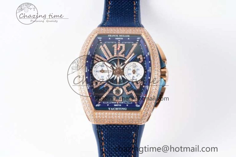 Vanguard Chrono RG ABF 1:1 Best Edition Diamonds Bezel Blue Textured Dial on Blue Nylon Strap A7750