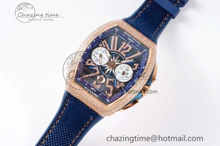Vanguard Chrono RG ABF 1:1 Best Edition Diamonds Bezel Blue Textured Dial on Blue Nylon Strap A7750