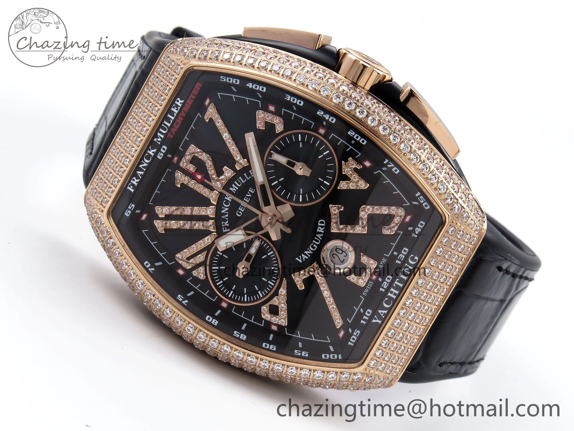 Vanguard Chrono RG Diamonds ABF 1:1 Best Edition Black Dial on Black Leather Strap A7750