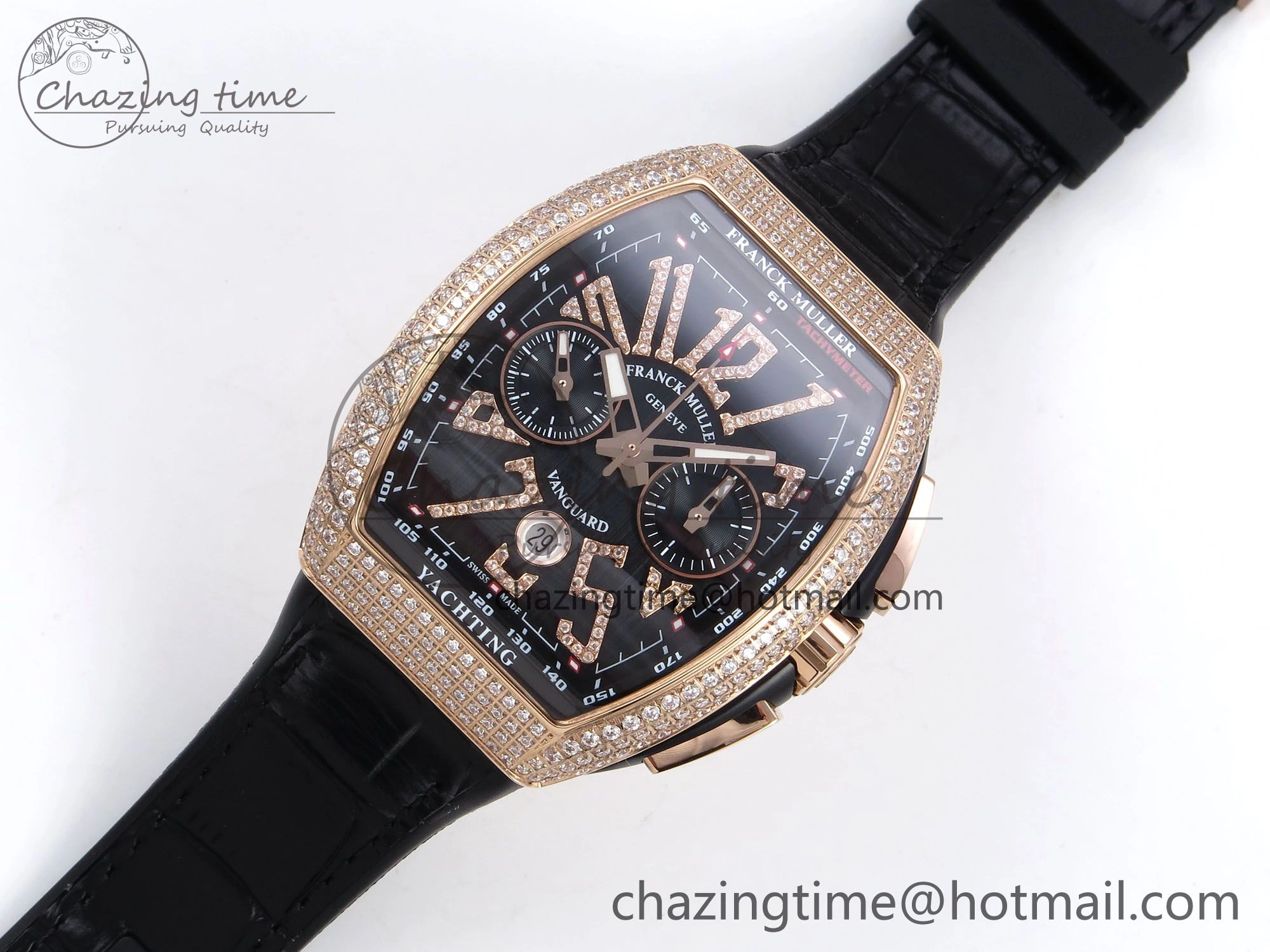 Vanguard Chrono RG Diamonds ABF 1:1 Best Edition Black Dial on Black Leather Strap A7750