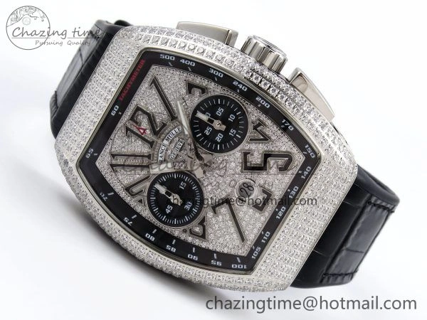 Vanguard Chrono SS ABF 1:1 Best Edition Black Dial Full Diamonds on Black Leather Strap A7750