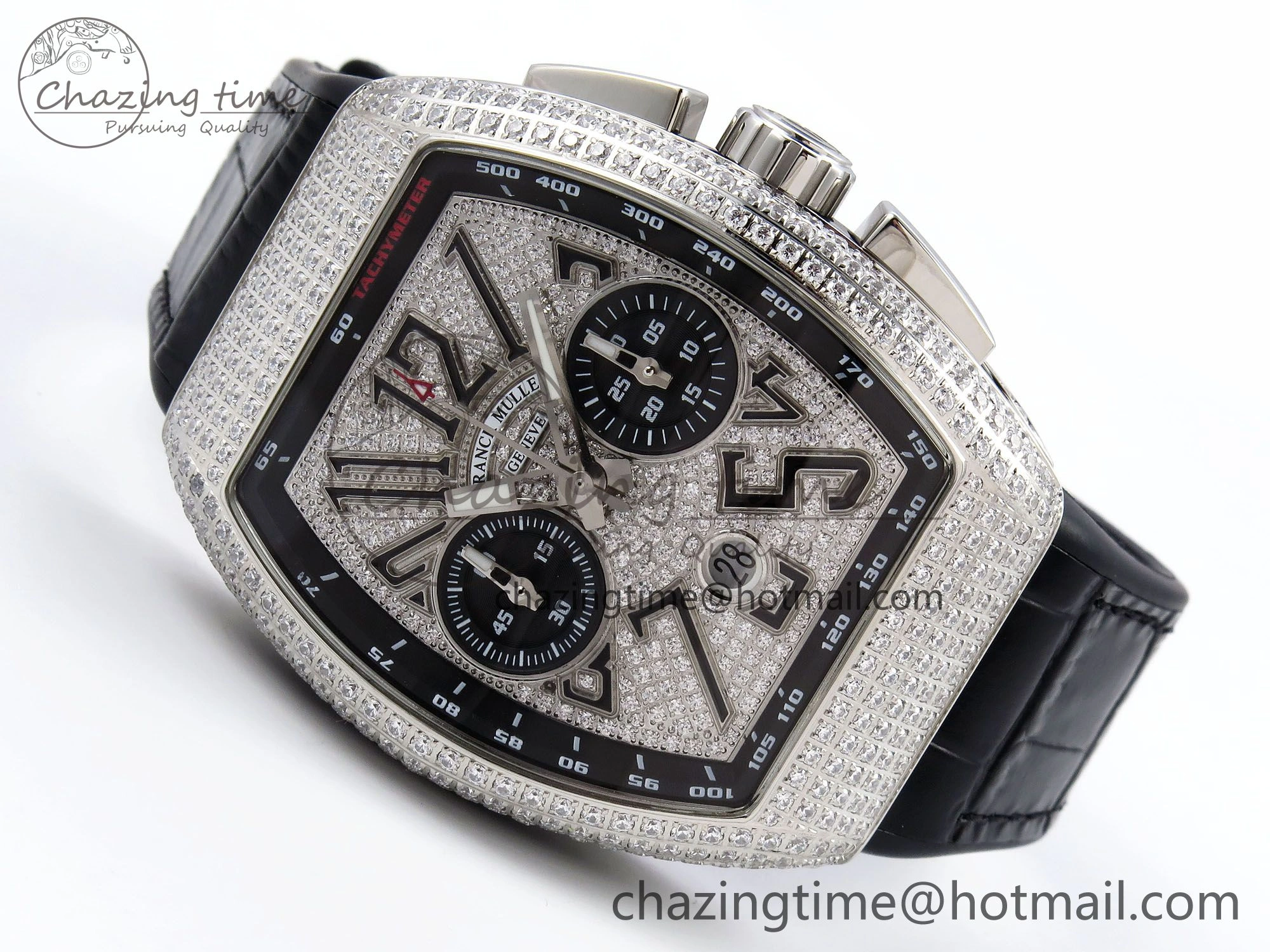 Vanguard Chrono SS ABF 1:1 Best Edition Black Dial Full Diamonds on Black Leather Strap A7750