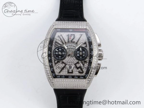 Vanguard Chrono SS ABF 1:1 Best Edition Black Dial Full Diamonds on Black Leather Strap A7750