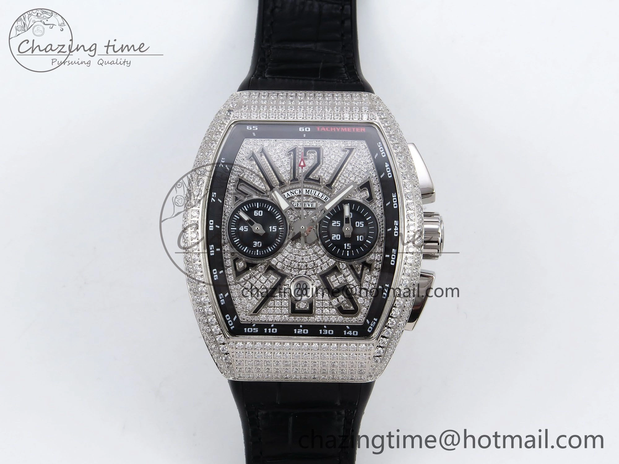 Vanguard Chrono SS ABF 1:1 Best Edition Black Dial Full Diamonds on Black Leather Strap A7750