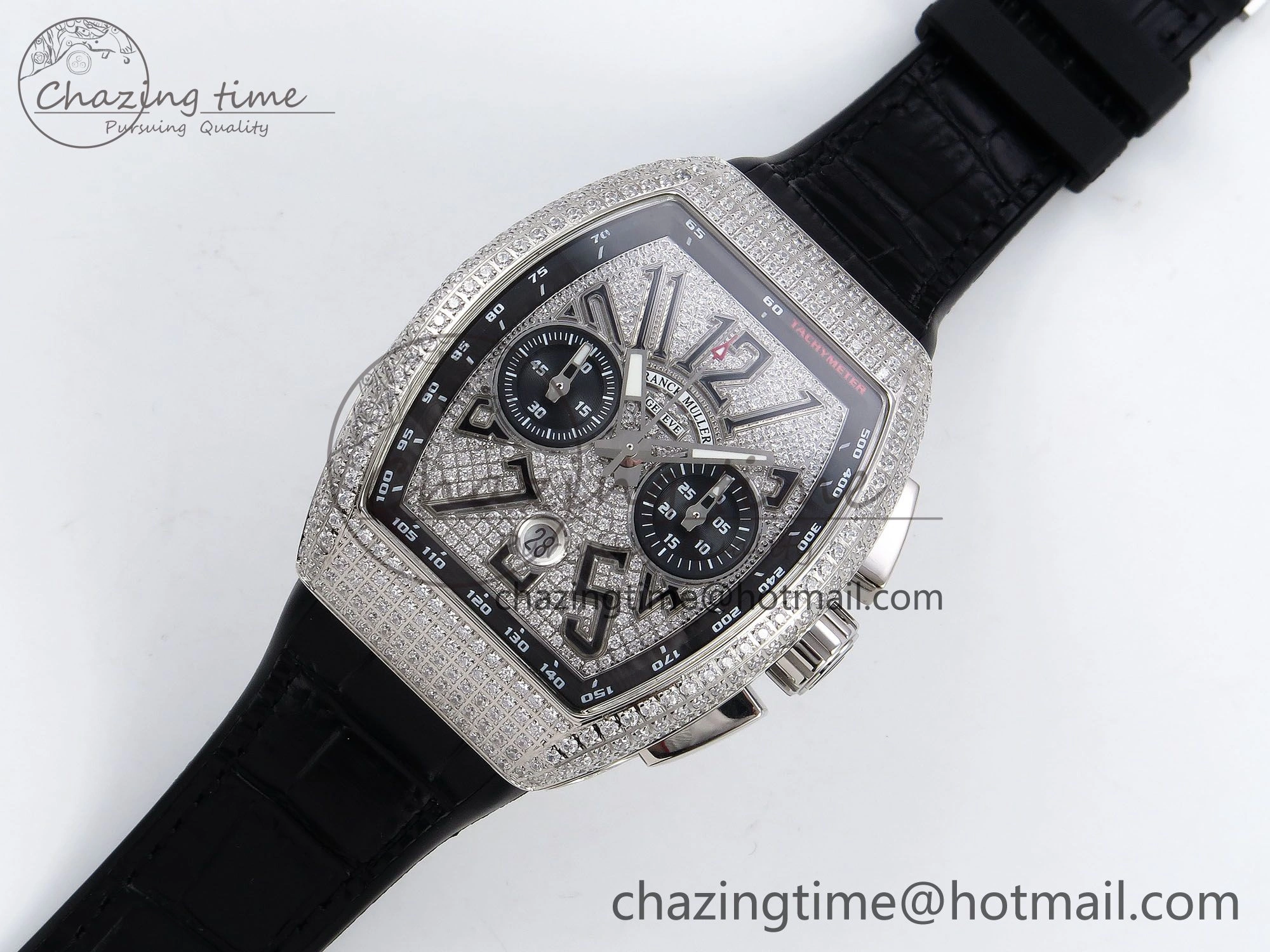 Vanguard Chrono SS ABF 1:1 Best Edition Black Dial Full Diamonds on Black Leather Strap A7750