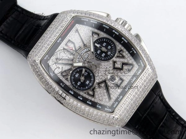 Vanguard Chrono SS ABF 1:1 Best Edition Black Dial Full Diamonds on Black Leather Strap A7750