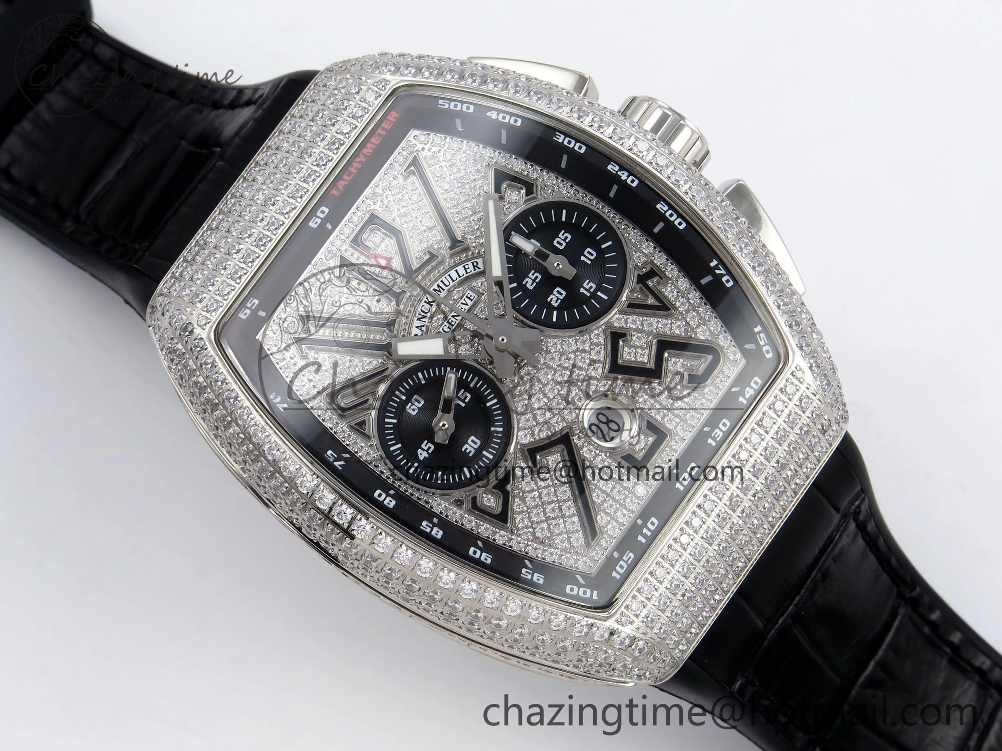 Vanguard Chrono SS ABF 1:1 Best Edition Black Dial Full Diamonds on Black Leather Strap A7750