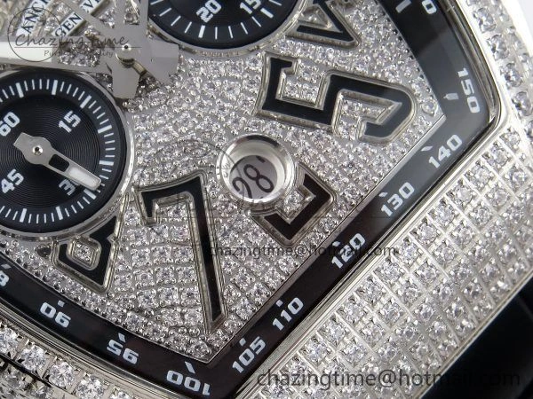 Vanguard Chrono SS ABF 1:1 Best Edition Black Dial Full Diamonds on Black Leather Strap A7750