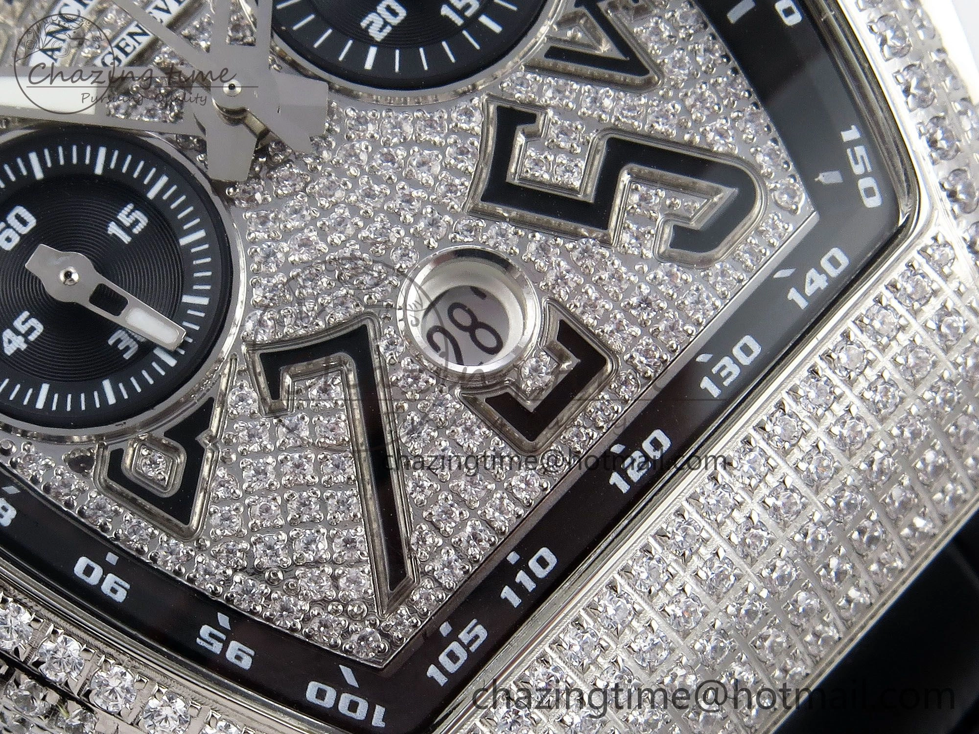 Vanguard Chrono SS ABF 1:1 Best Edition Black Dial Full Diamonds on Black Leather Strap A7750