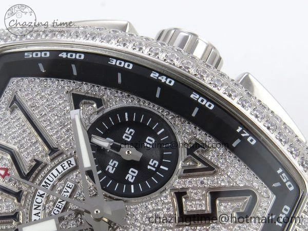 Vanguard Chrono SS ABF 1:1 Best Edition Black Dial Full Diamonds on Black Leather Strap A7750