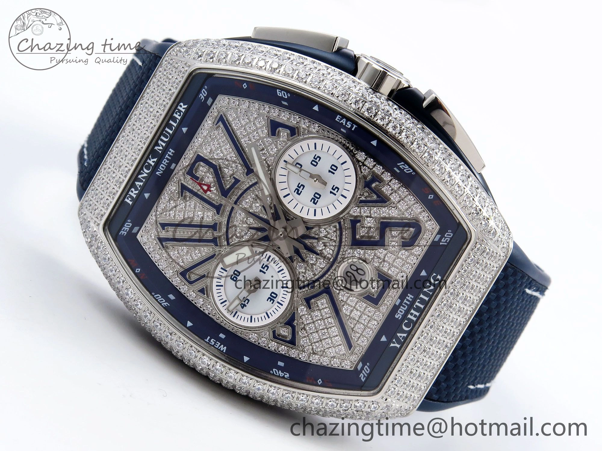 Vanguard Chrono SS ABF 1:1 Best Edition Blue Dial Full Diamonds on Blue Nylon Strap A7750
