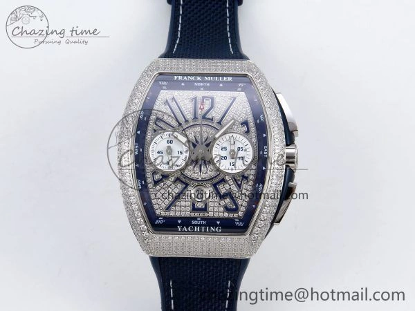 Vanguard Chrono SS ABF 1:1 Best Edition Blue Dial Full Diamonds on Blue Nylon Strap A7750