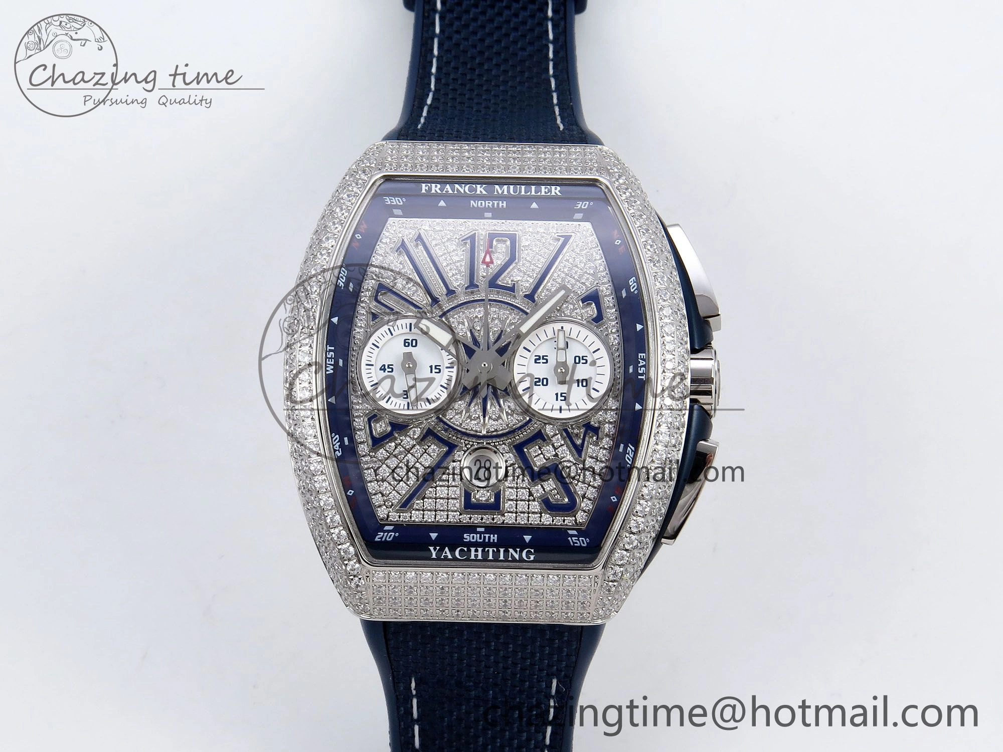 Vanguard Chrono SS ABF 1:1 Best Edition Blue Dial Full Diamonds on Blue Nylon Strap A7750