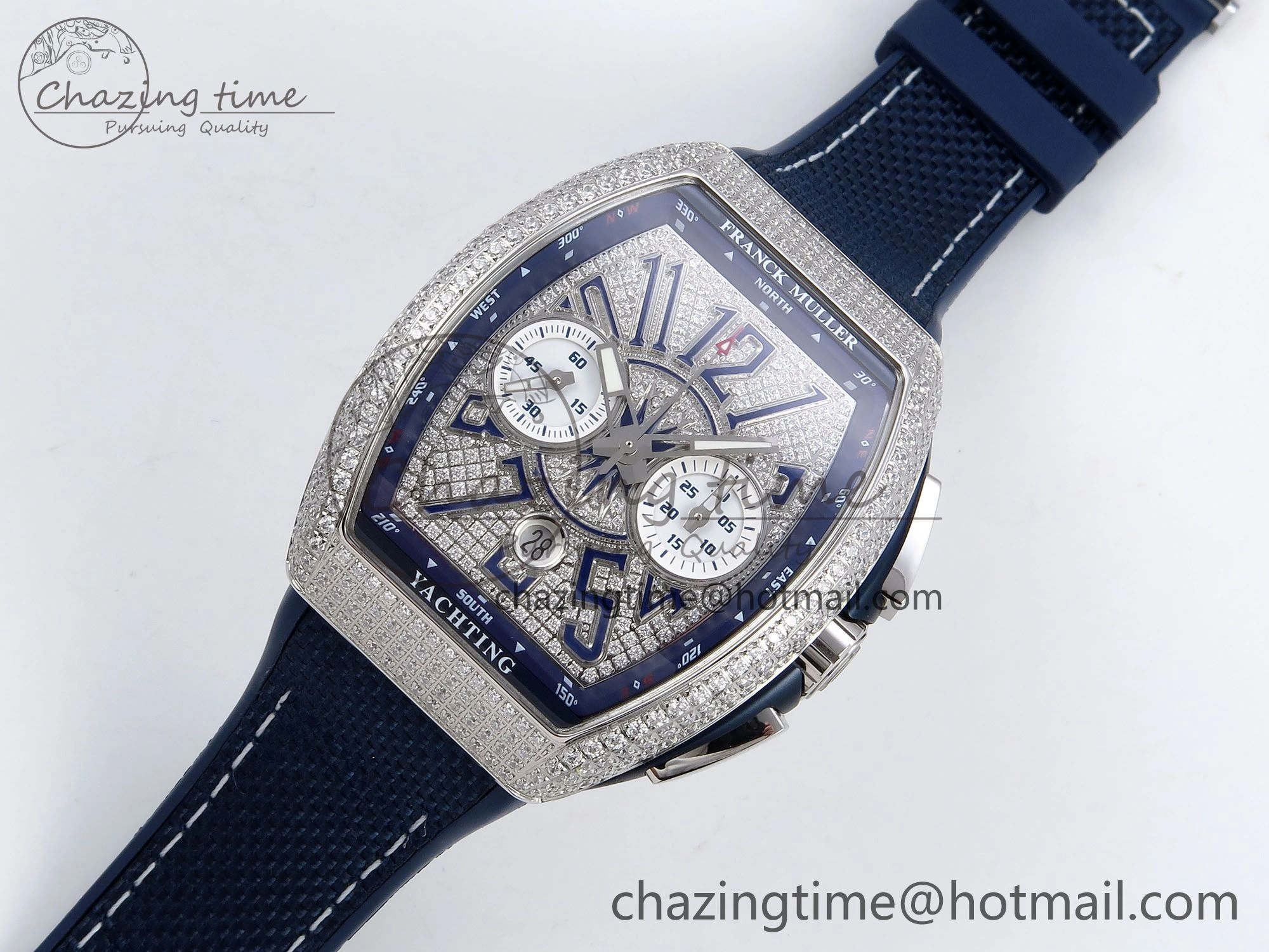 Vanguard Chrono SS ABF 1:1 Best Edition Blue Dial Full Diamonds on Blue Nylon Strap A7750