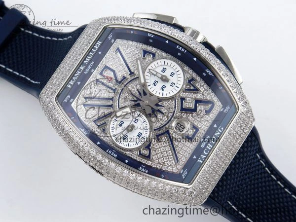 Vanguard Chrono SS ABF 1:1 Best Edition Blue Dial Full Diamonds on Blue Nylon Strap A7750
