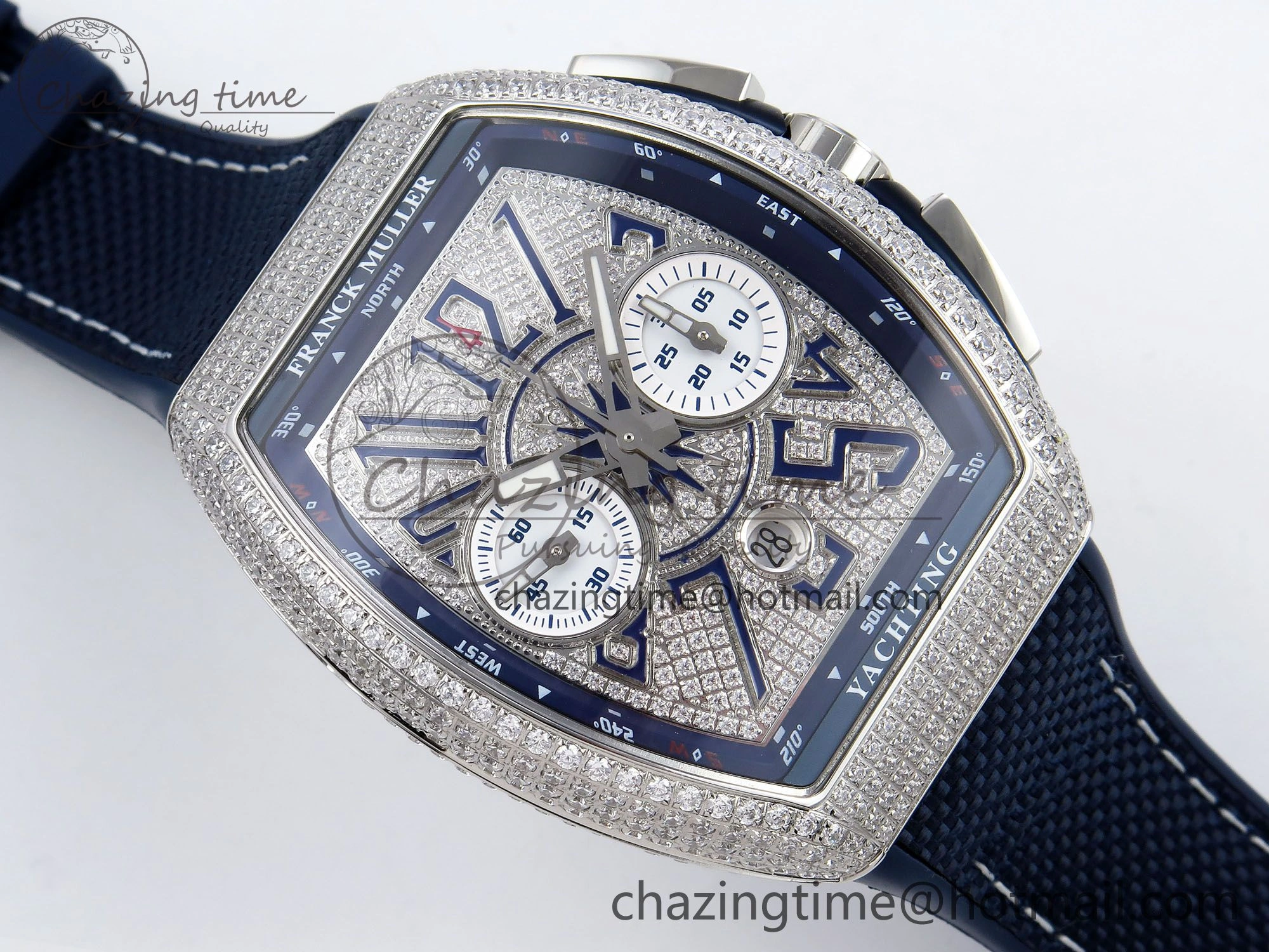 Vanguard Chrono SS ABF 1:1 Best Edition Blue Dial Full Diamonds on Blue Nylon Strap A7750