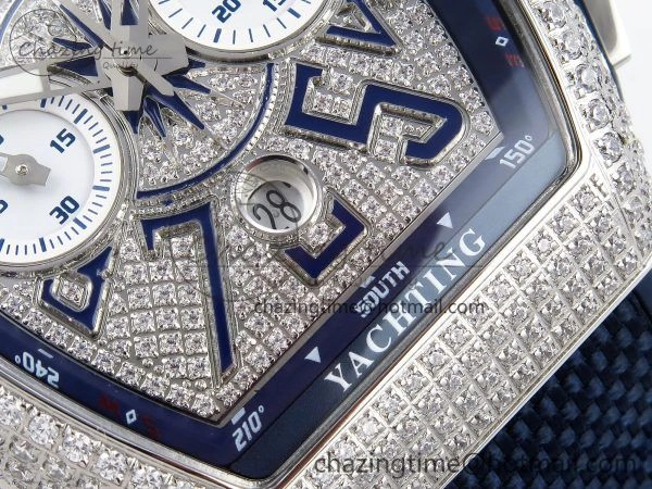 Vanguard Chrono SS ABF 1:1 Best Edition Blue Dial Full Diamonds on Blue Nylon Strap A7750