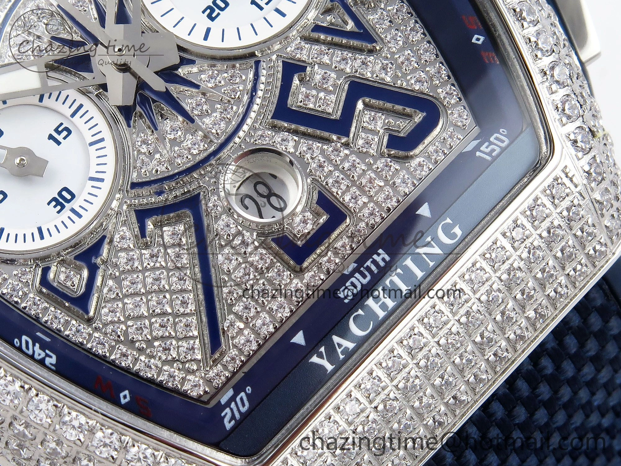 Vanguard Chrono SS ABF 1:1 Best Edition Blue Dial Full Diamonds on Blue Nylon Strap A7750