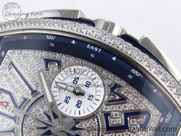 Vanguard Chrono SS ABF 1:1 Best Edition Blue Dial Full Diamonds on Blue Nylon Strap A7750