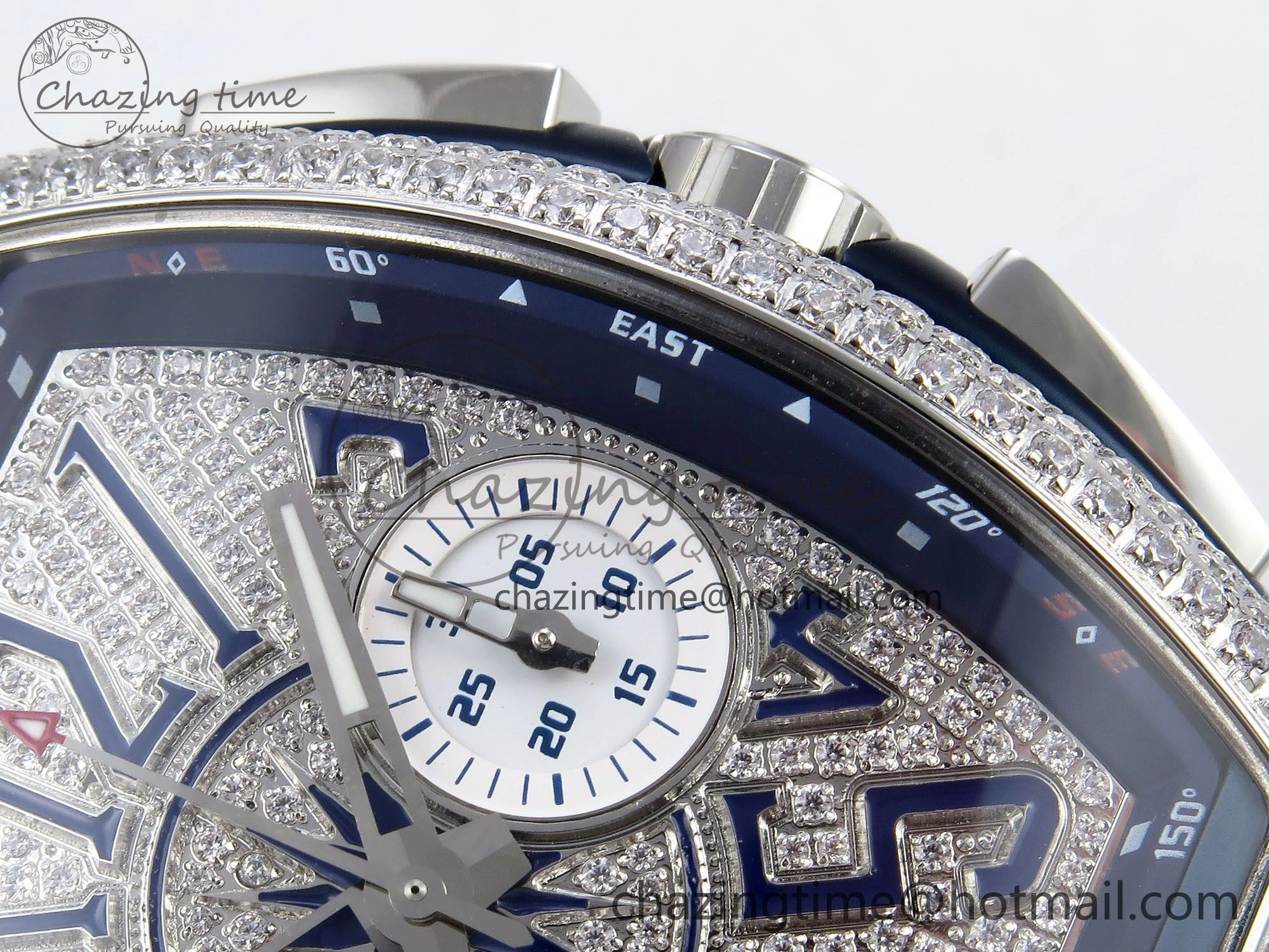 Vanguard Chrono SS ABF 1:1 Best Edition Blue Dial Full Diamonds on Blue Nylon Strap A7750