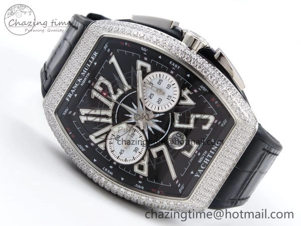 Vanguard Chrono SS Diamonds ABF 1:1 Best Edition Black Dial on Black Leather Strap A7750
