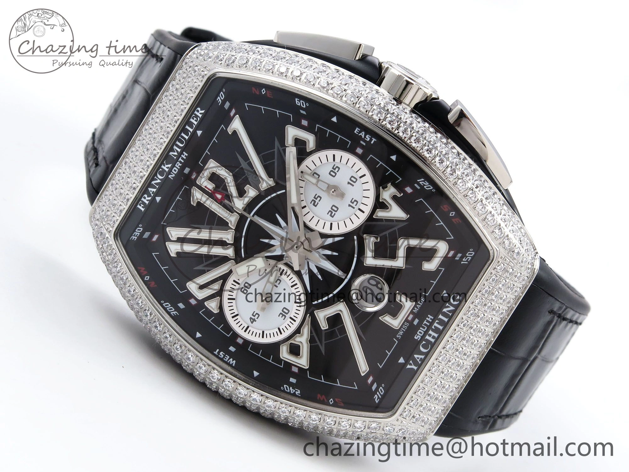 Vanguard Chrono SS Diamonds ABF 1:1 Best Edition Black Dial on Black Leather Strap A7750
