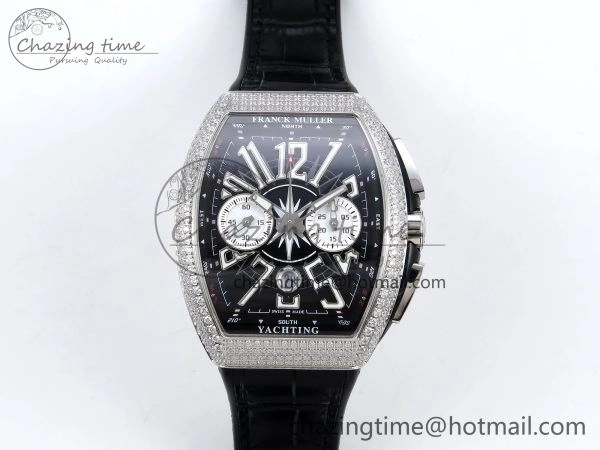 Vanguard Chrono SS Diamonds ABF 1:1 Best Edition Black Dial on Black Leather Strap A7750