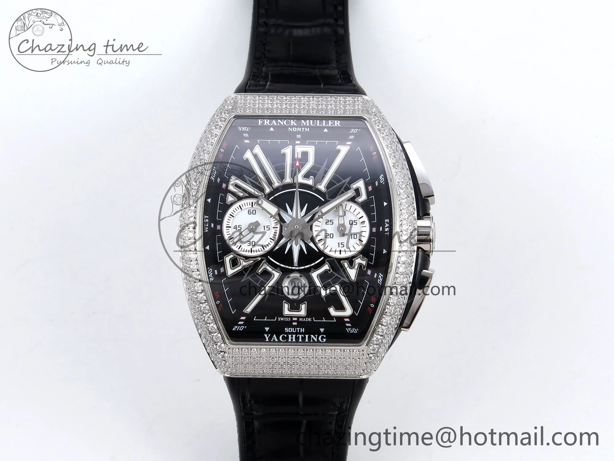 Vanguard Chrono SS Diamonds ABF 1:1 Best Edition Black Dial on Black Leather Strap A7750