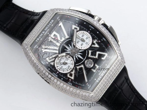 Vanguard Chrono SS Diamonds ABF 1:1 Best Edition Black Dial on Black Leather Strap A7750