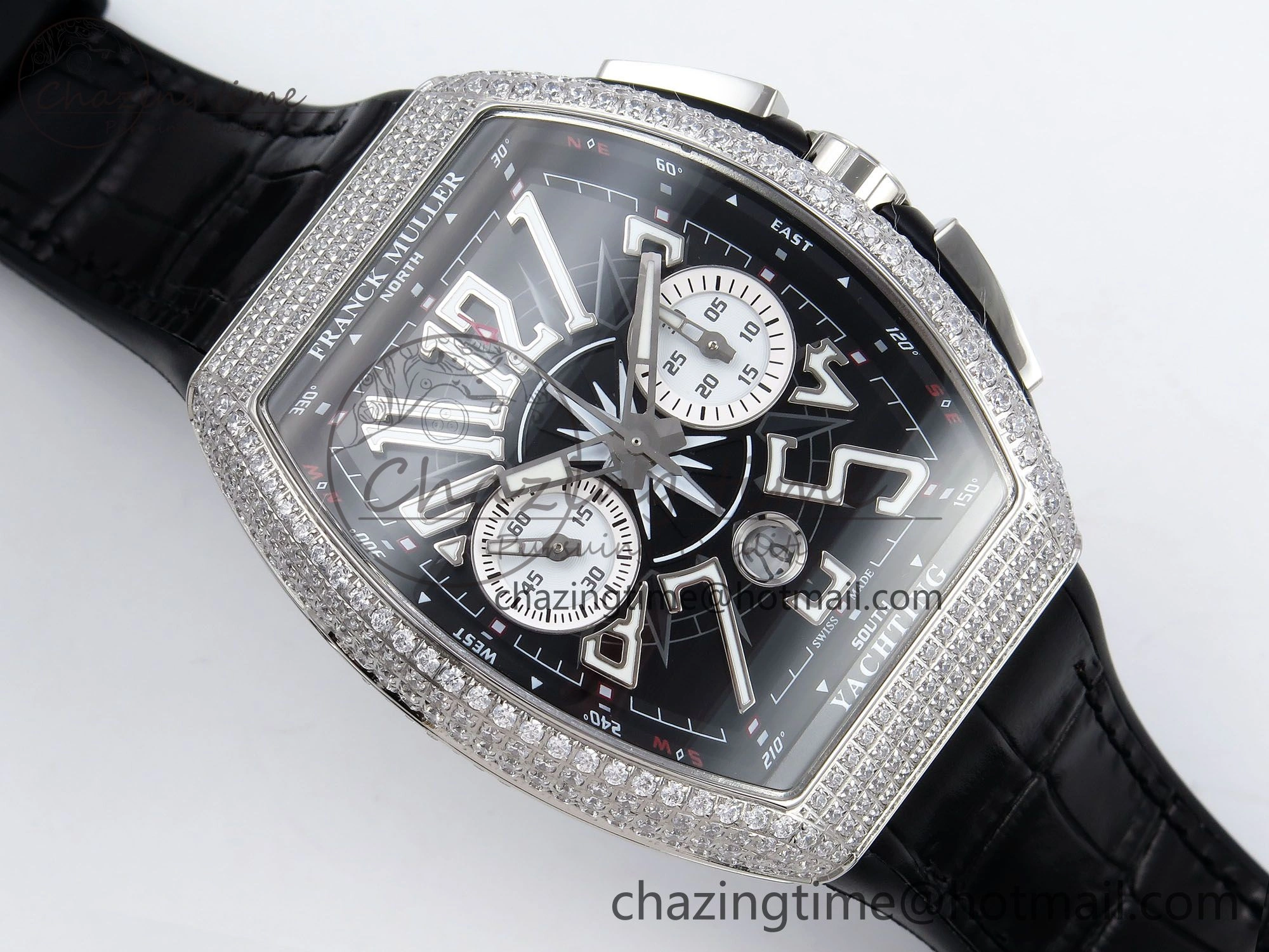 Vanguard Chrono SS Diamonds ABF 1:1 Best Edition Black Dial on Black Leather Strap A7750